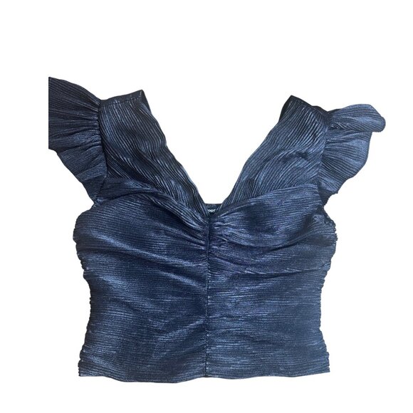 Express Metallic Pleated Crop Top M Flutter Sleeve V-Neck Party Blouse - Picture 3 of 6